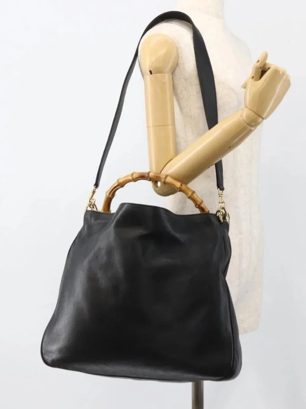 GUCCI Bamboo Shoulder Bag Leather 2way Black Gold 001 2123 1577 Auth am11264